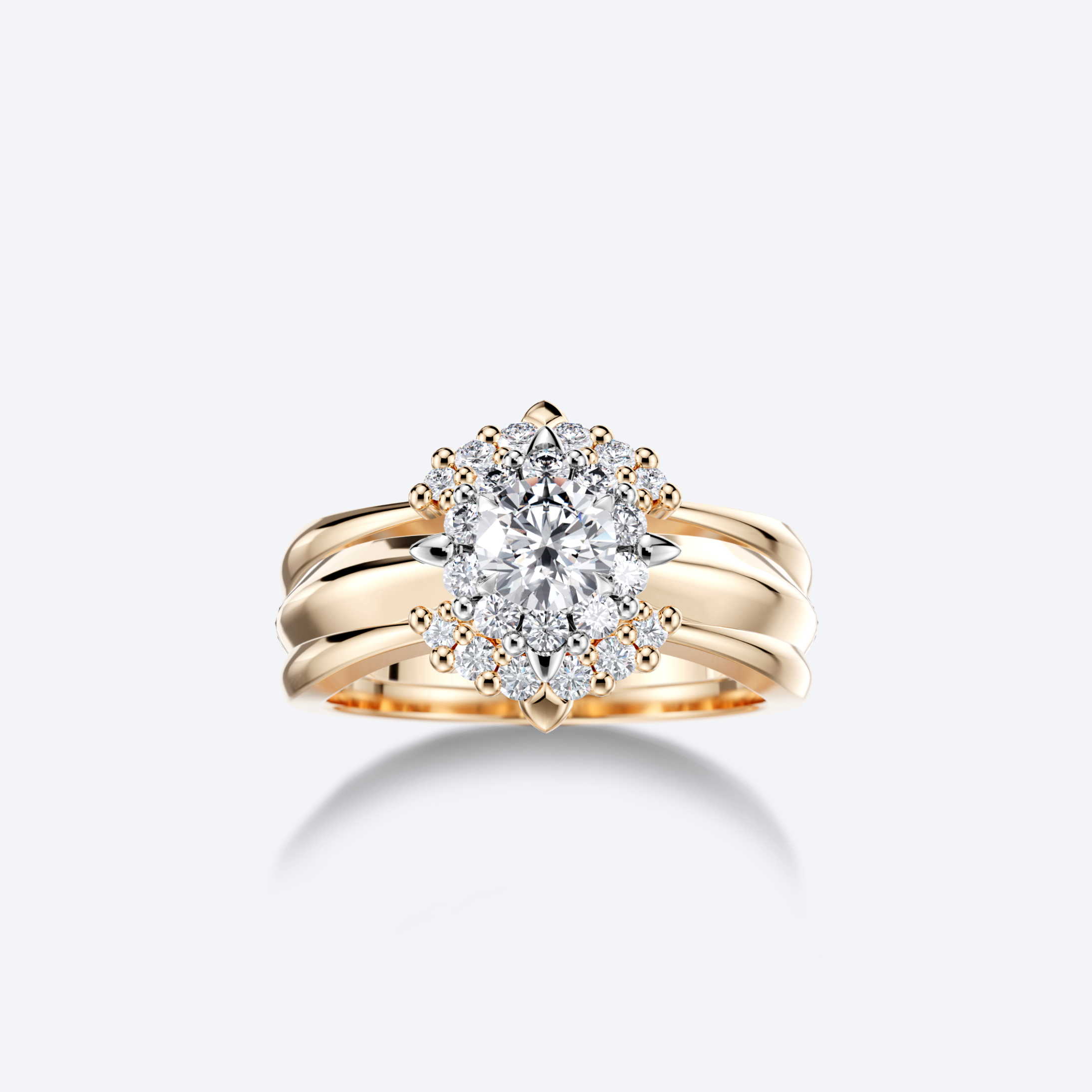 OJL Kide-sormusyhdistelmä 0.50 ct timantilla ja syleilijät, keltakultaa, lähikuva valkoisella taustalla