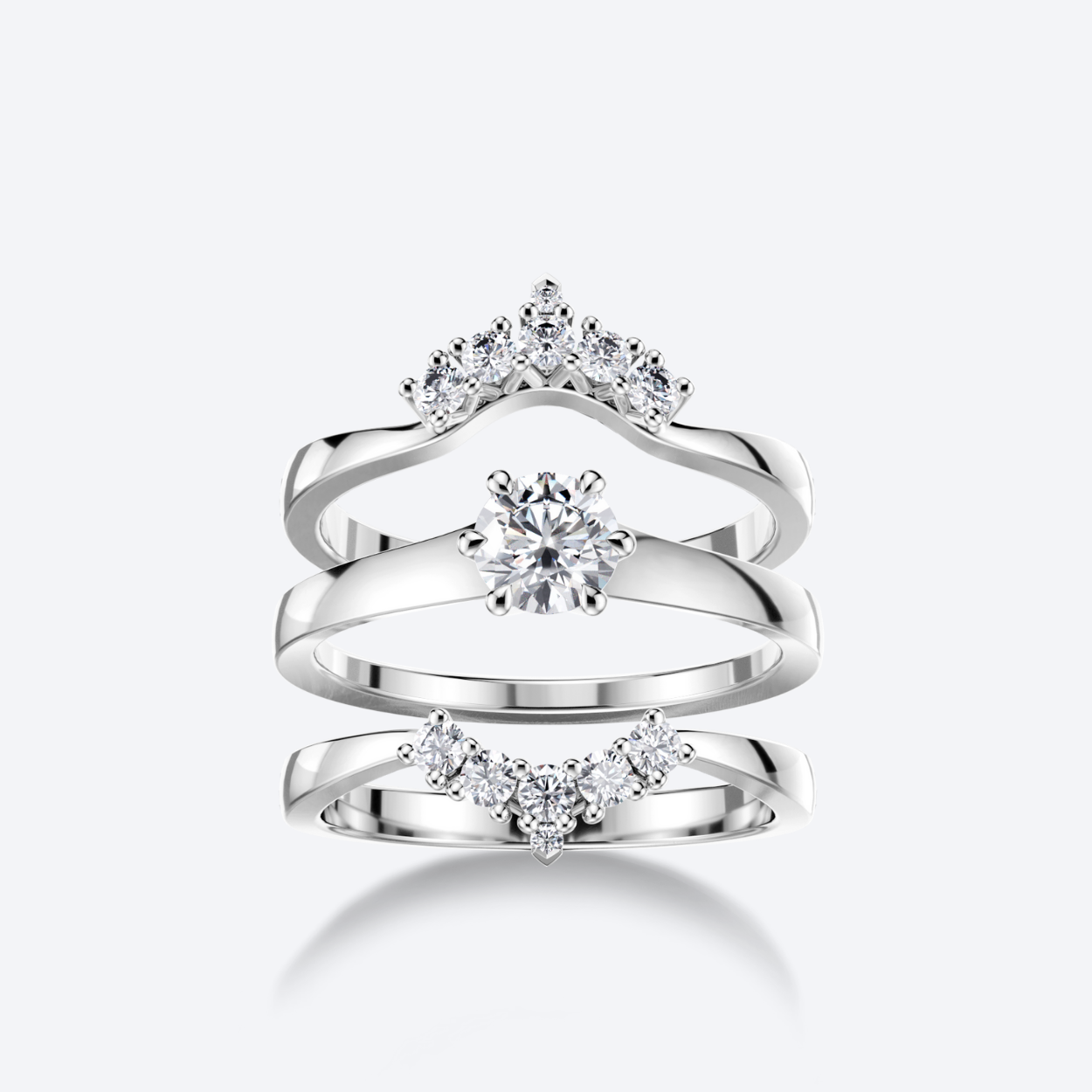 OJL Lumi Syleilijät-sormusyhdistelmä, valkokultaa ja timantteja, lähikuva