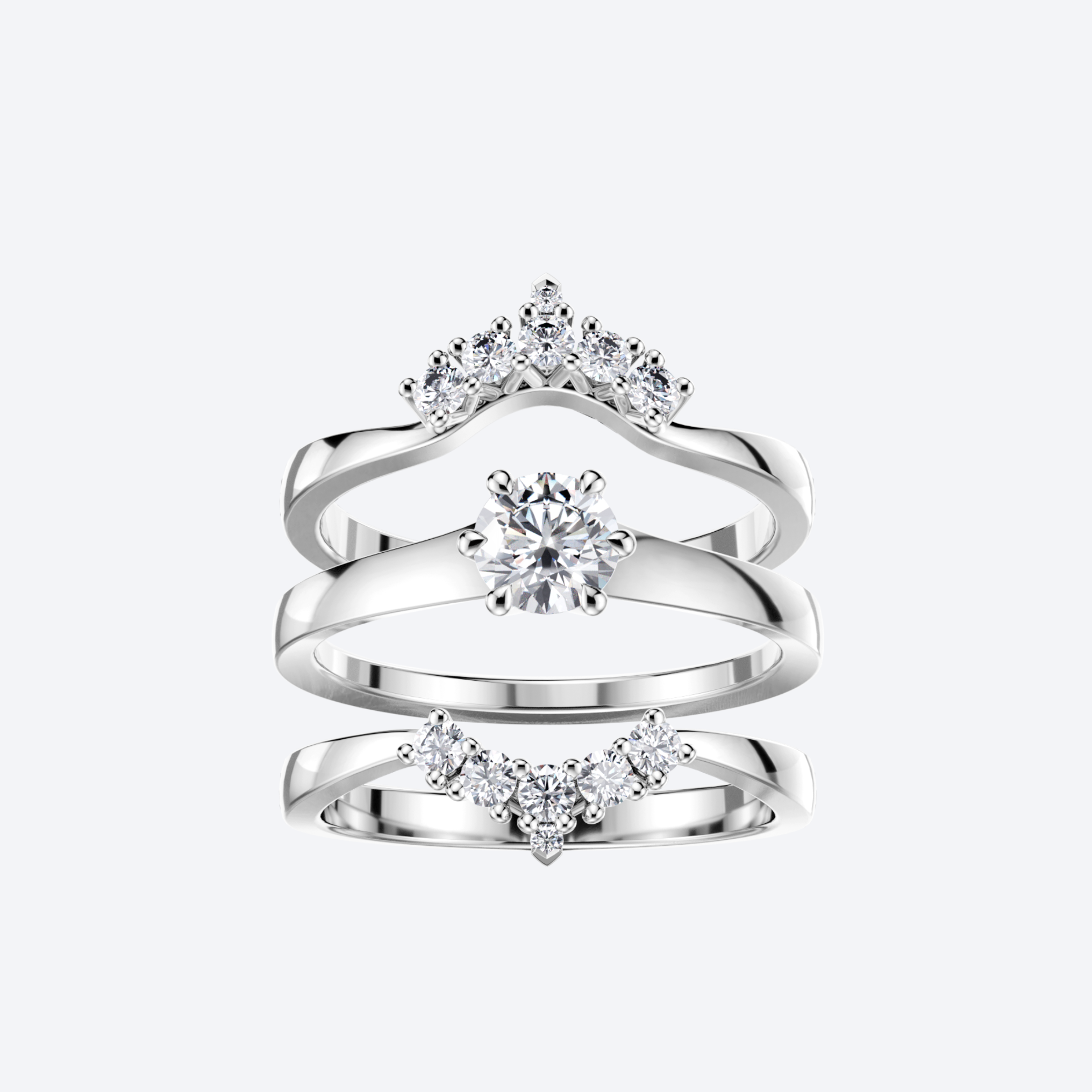 Kaksi Lumi Syleilijä-sormusta valkokultaa, timantteja, yhdistelmä